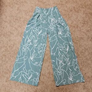 Green Wide Leg Womens Flowy Pants with Abstract Pattern - Womens Size Small